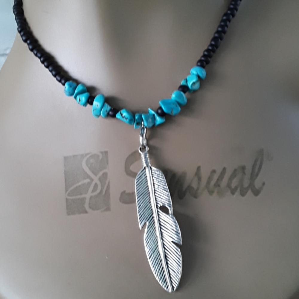 Ladies Turquoise Goose Plume Necklace Set
